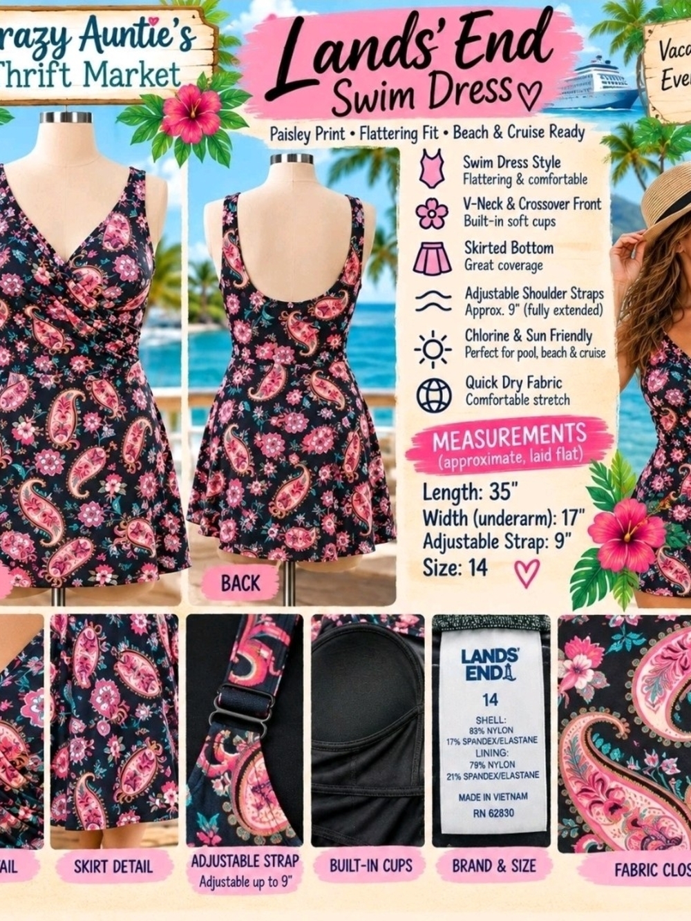 Lands End One Piece Swimsuit Womens 14 Floral Tummy Control Swim Dress Cruise